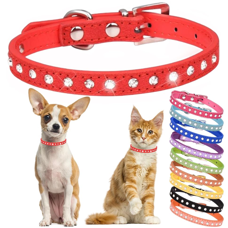 Rhinestone Dog Collar Cute Crystal Diamond Cat Collar Soft Leather Kitten Puppy Collars Adjustable for Small Medium Dogs Red XXS