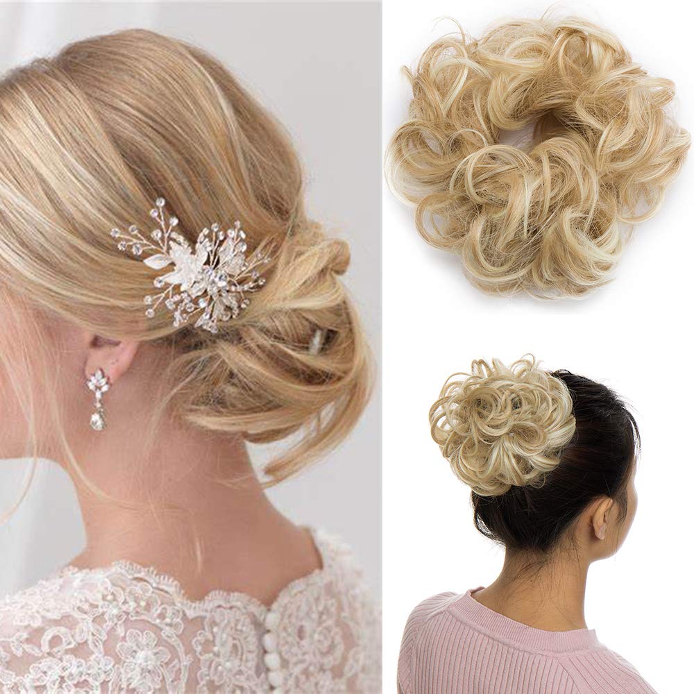 Scrunchie Hairpiece Wavy Hair Bun Updo Curly Hair Bun Ribbon Ponytail Extension Donut Hair Chignons 30g, Dark Blonde to Bleach Blonde