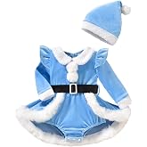 Aiwpstoin Baby Girl Christmas Outfit Fuzzy Trim Velvet Long Sleeve Romper Dress and Santa Hat 2 Piece Set