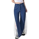 Novaorily Women High Waisted Jeans Straight Wide Leg Pants Causal Patchwork Denim Pants with Lace