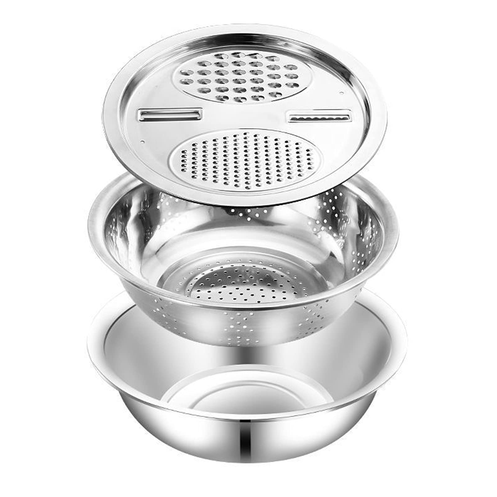 Multifunctional Kitchen Grater, Stainless Steel Colander Set for Cheese Grater, Vegetables Cutter and Fruits Washing,with Mixing Bowl & Drainer (3 in 1) (26CM)