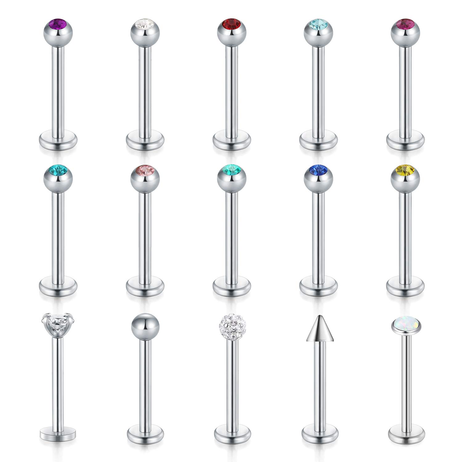 FECTAS 15pcs Lip Bars Studs Set Stainless Steel 6/8/10mm 16G Labret Monroe Tragus Helix Earring Bars Piercing