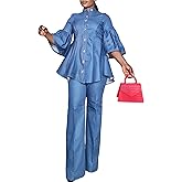 Women's Denim 2 Piece Outfits Flared Sleeve Button Down Shirt and Straight Long Pants Clubwear