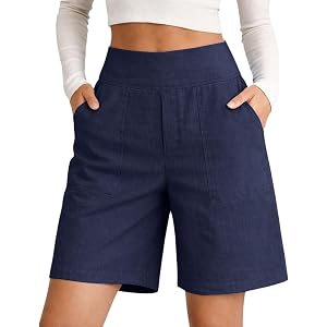 Gumipy Linen Shorts for Women Cotton Linen Comfy Tummy Control Elastic Waist Summer Shorts Lightweight Vacation Beach Short