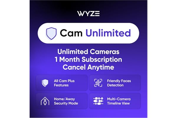 Wyze Security Plan - Cam Unlimited | Unlimited Cameras | 1 Month Subscription. Full AI features | Facial Recognition for Friendly Faces | Smart Detection for Person, Pet, Package, Vehicle and Glass Break | Security Surveillance and Monitoring | Rolling 14 Days Event Video Recording | Activation Required | Cancel Anytime