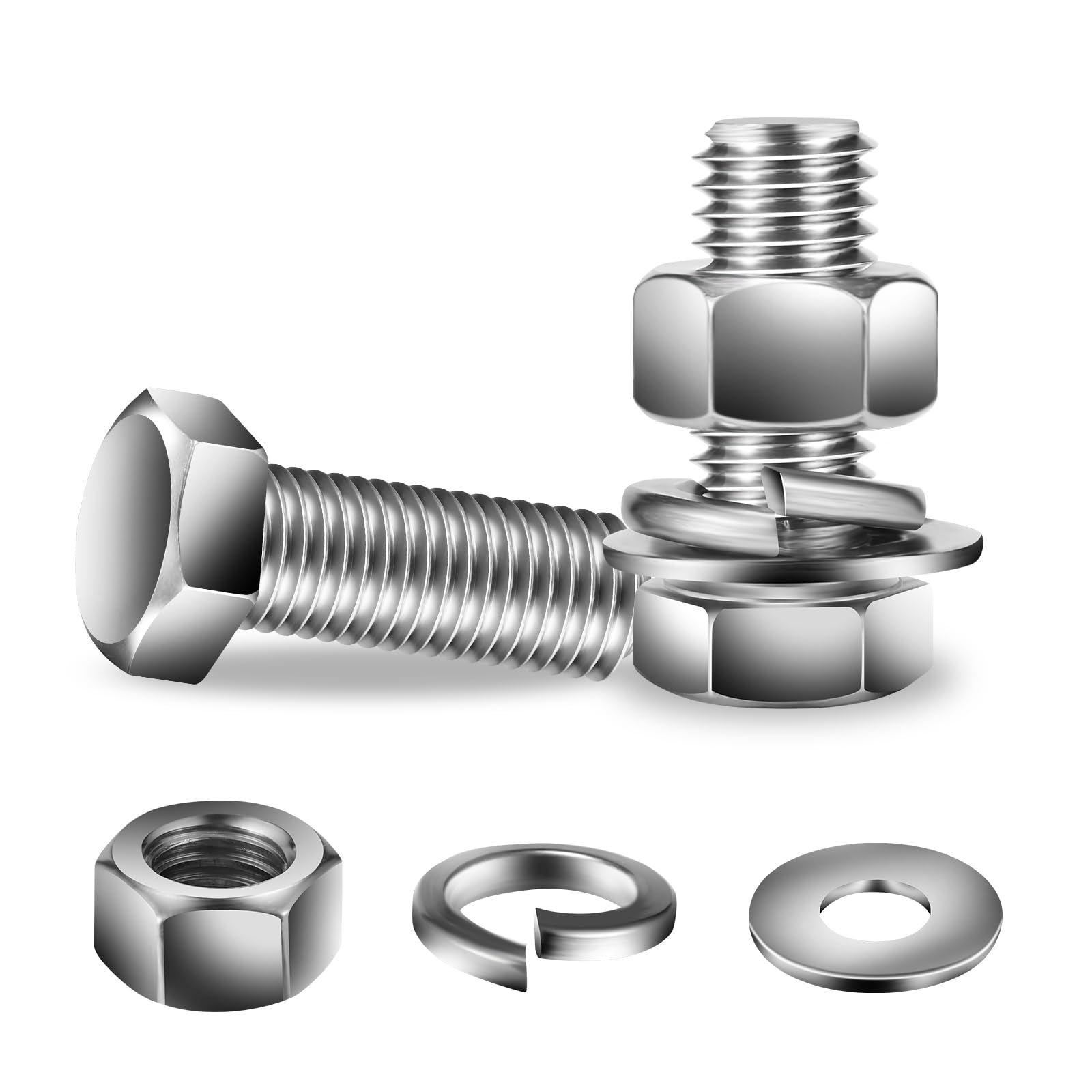 Photo 1 of 1/2-13 x 1-1/4" Hex Head Screw Bolt, Nuts, Flat & Lock Washers, 20Pcs 18-8 (304) Stainless Steel, Fully Threaded, by SG TZH