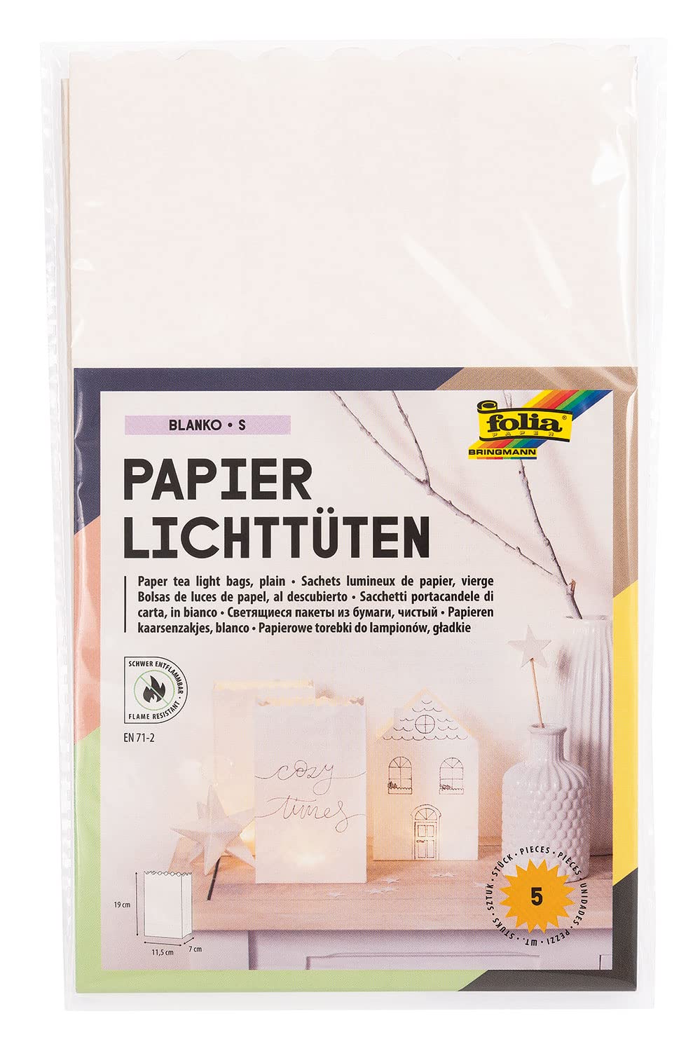 folia 11900 - Flame Retardant Paper Light Bags - Blank - Pack of 5-19 x 11.5 x 7 cm - Atmospheric Table Decoration - Garden Parties/Birthdays/Weddings