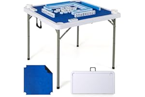 Giantex Folding Mahjong Table, 35" Square Card Table with Cup Holders, Removable Noise Reduction Mat, HDPE Tabletop, 4-Player Portable Domino Tables for Poker Blackjack Board Game (Dark Blue)