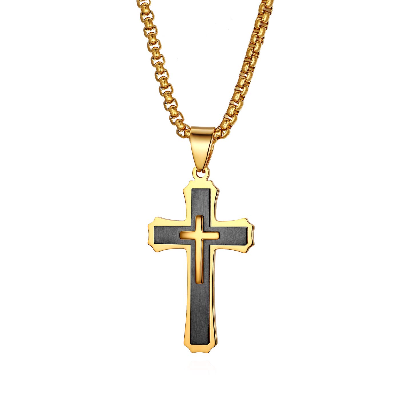 JewelryWe Men's Christ Cross Crucifix Metal Pendant Stainless Steel Necklace with Wheat Chain,22 Inch(Black)