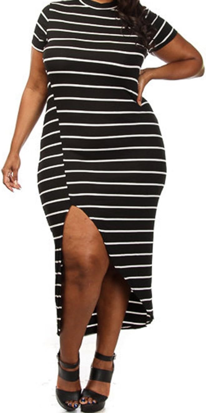 Christmas TomYork Plus Size White Black Stripe High Slit Maxi Dress