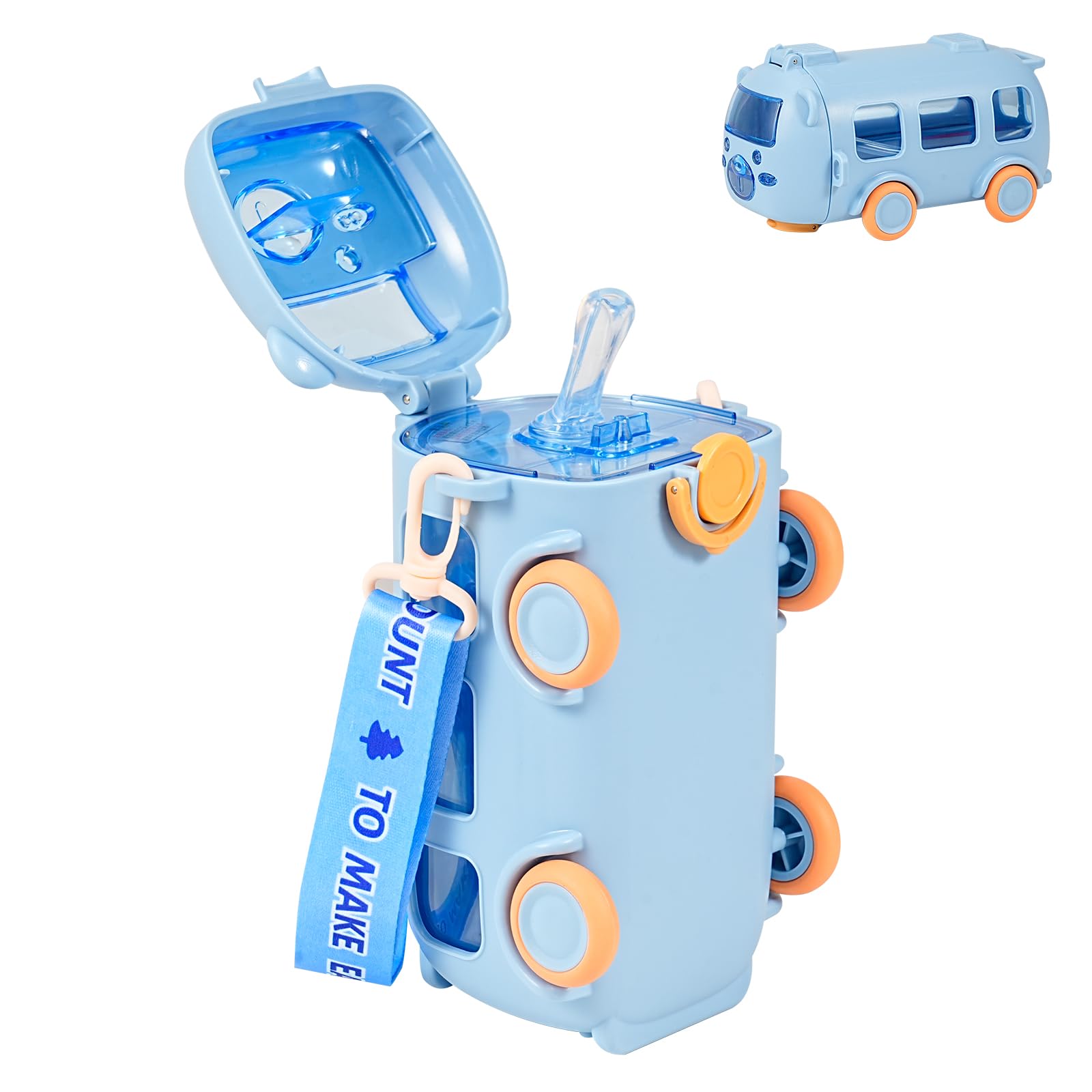 EliphonTowne Kids Water Bottle with Straw - 500ml Leakproof Bus Water Bottle Kids, Cars Water Bottles with Adjustable Strap, Children Friendly Girls Boys for Home/School/Travel Use - Blue