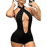 BEAUDRM Women's Sexy Club Outfits Backless Rompers Rave Date Night Cut Out Criss Cross Halter Shorts Party Jumpsuits