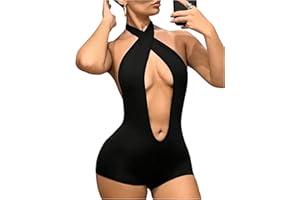 BEAUDRM Women's Cut Out Criss Cross Backless Romper Slim Fittted Halter Shorts Jumpsuit Party Club Night Outfit