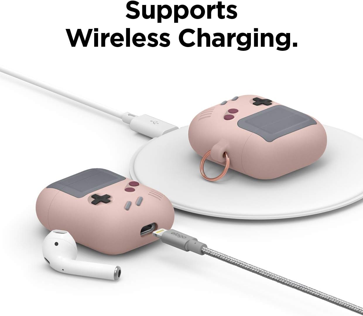 elago AW5 Case for Apple AirPods 1 & 2 - Classic Game Player Design Cover with Keychain, Wireless Charging Compatible (Sand Pink) - Image 5
