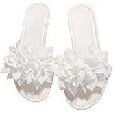 OYOANGLE Women's Floral Appliques Open Toe Flat Sandals Comfortable Summer Beach Slip on Slide Sandal