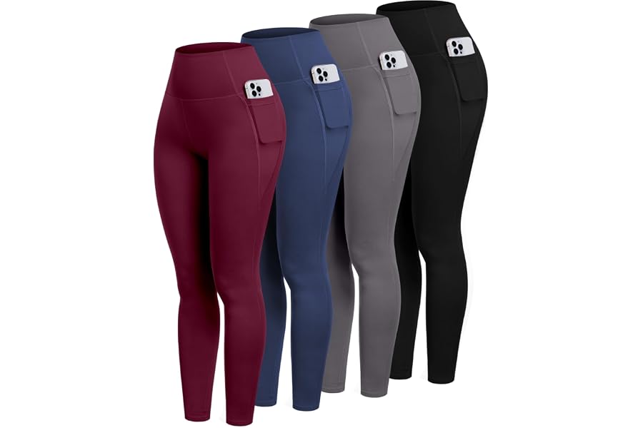 CHRLEISURE Leggings with Pockets for Women 4 Packs, Tummy Control High Waisted Yoga Workout Pants