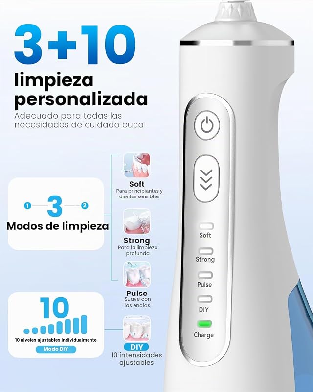 Irrigador Oral Elétrico 300ML, Irrigador Dentário 3+1 Modos, 6 Bicos IPX7 Limpador Dentário Portátil para Ortodontia/Gengivas Sensíveis - Limpeza Dentária Doméstica Entusiastas de Saúde Ora (Branco)