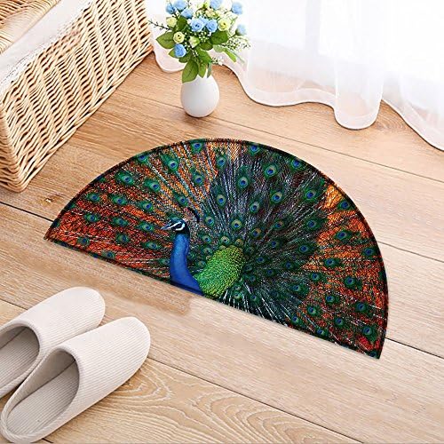 NALAHOMEQQ Half Round Door Mat Peacock showing feathers on the bright red background Entrance Rug Floor Mats(35.4x23.6 INCH)