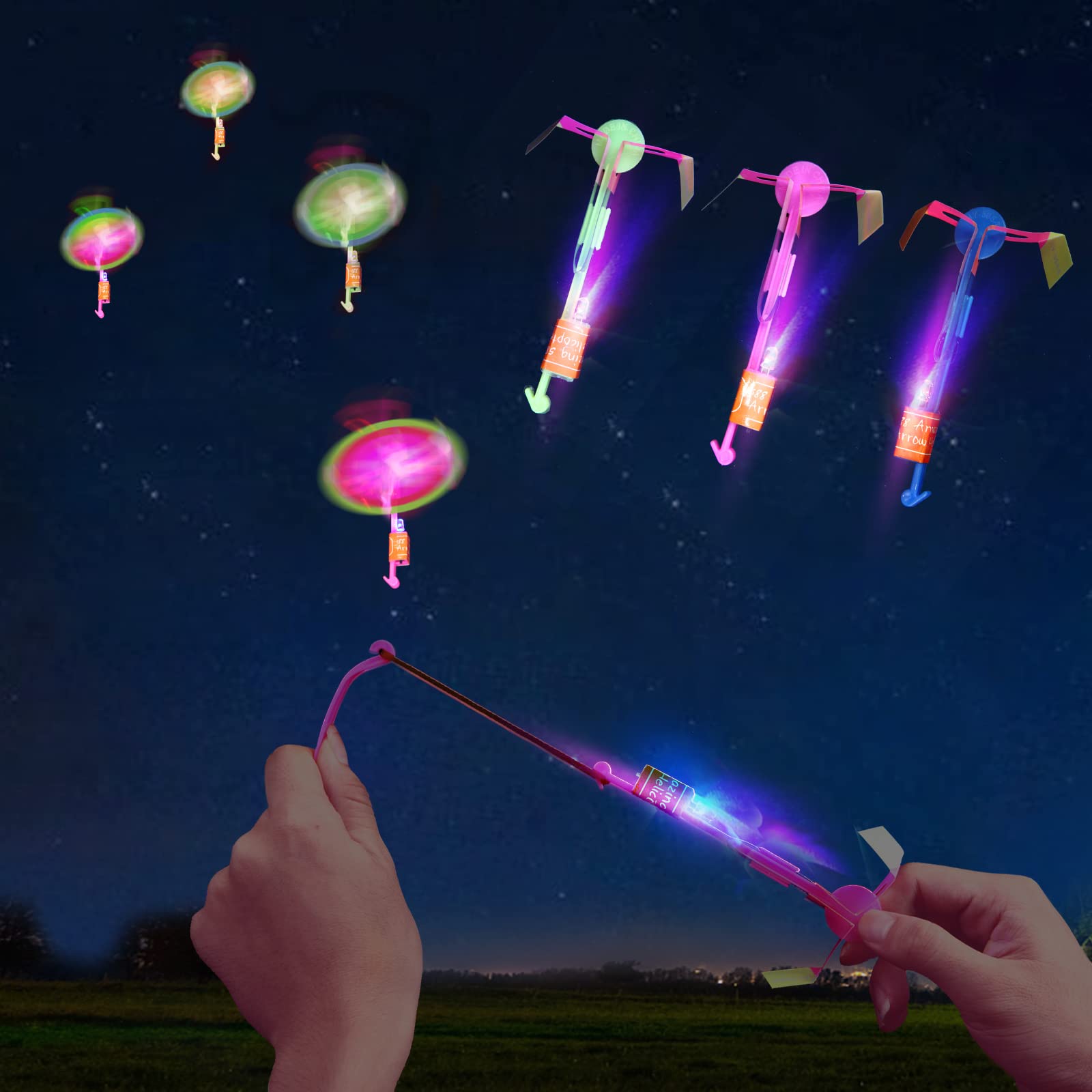 Photo 1 of lpvoqpth 25 Sets LED Flying Set, 25 Slingshot+25 Glow Helicopter-50 Pcs, Flying Toy Outdoor Toys Glow in The Dark Party Supplies Party Favors for Kids 8-12,4-8