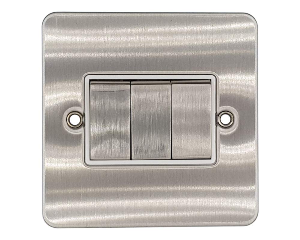 Klite Triple Light Switch 3 Gang Flat Plate Brushed Chrome White Insert Metal Rocker Switches 10A 3 Gang 2 Way Switch