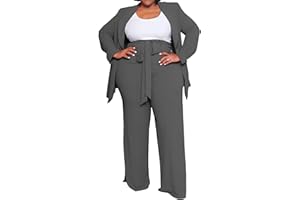 IyMoo Plus Size Suits for Women Business Open Front Long Sleeve Blazer Elastic Waist Solid Straight Leg Pant Set Suits