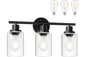 Unicozin (Include Bulb) Vanity Lights 3-Light Bathroom Light Fixtures Over Mirror, 4000K, Black Vanity Light with Glass Shade, Wall Light for Bedroom Hallway