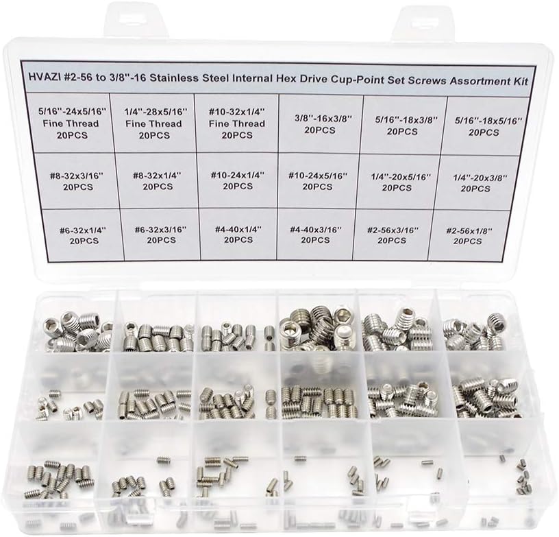 HVAZI #2-56 to 3/8"-16 Stainless Steel Internal Hex Drive Cup-Point Set Screws Assortment Kit