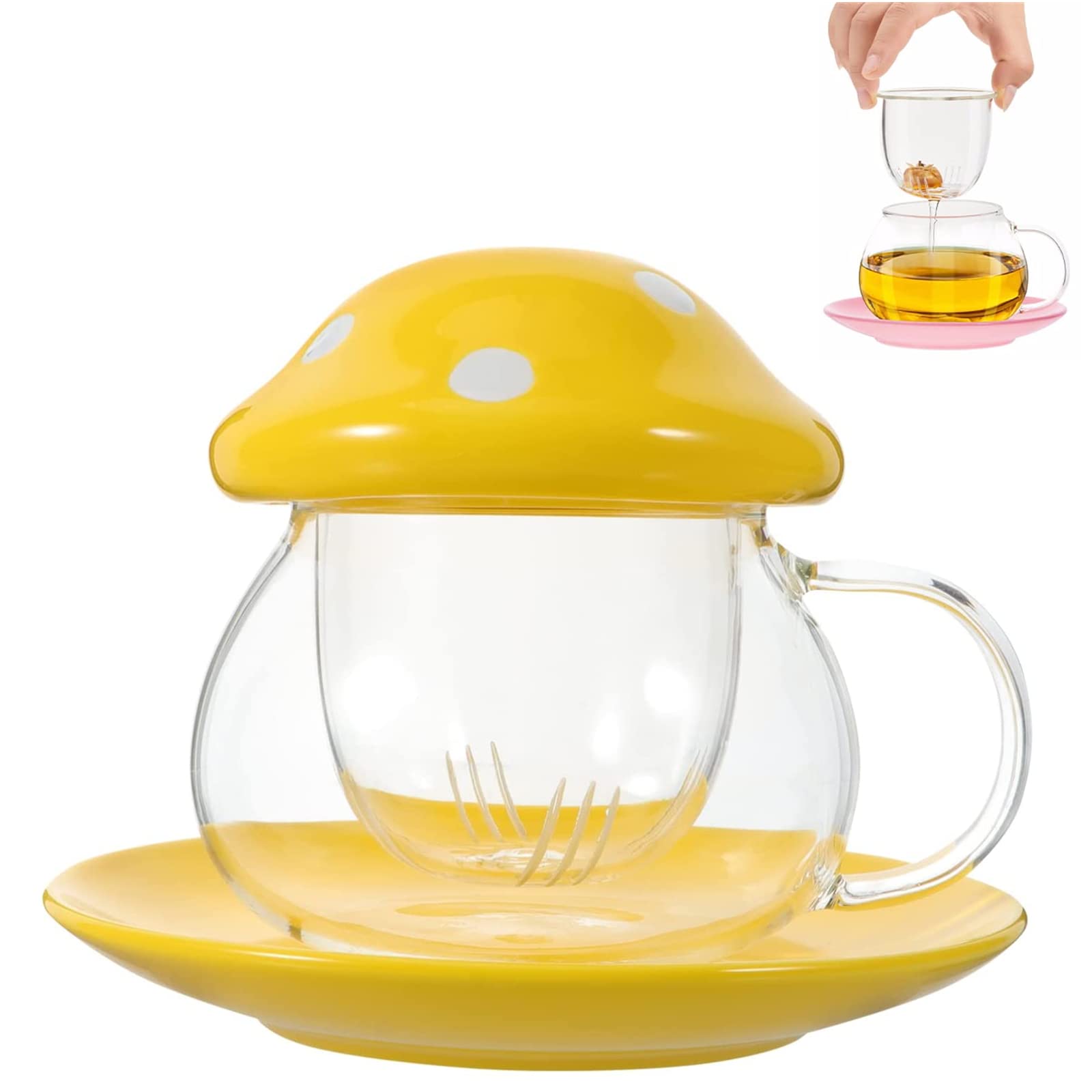 Mushroom Mug, Tea Cup with Infuser, Glass Coffee Cups, with Coaster. Cup Lid. Tea Strainer, 290ml (Yellow)
