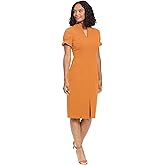 London Times Women's Petite Open Neck Puff Feminine Sleeve Seamed Flattering Sheath Dress