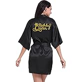 EKVHDO Womens Birthday Queen Squad Robe Spa Robes Party Supplies for Women Silk Kimono Robe with Gold Glitter