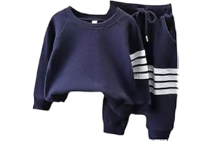 Kids Boys Knit Crew Neck Sweater Set 2 Piece Straight Ribbed Joggers Pants Sport Outfits Toddler Pullover Tops Trousers
