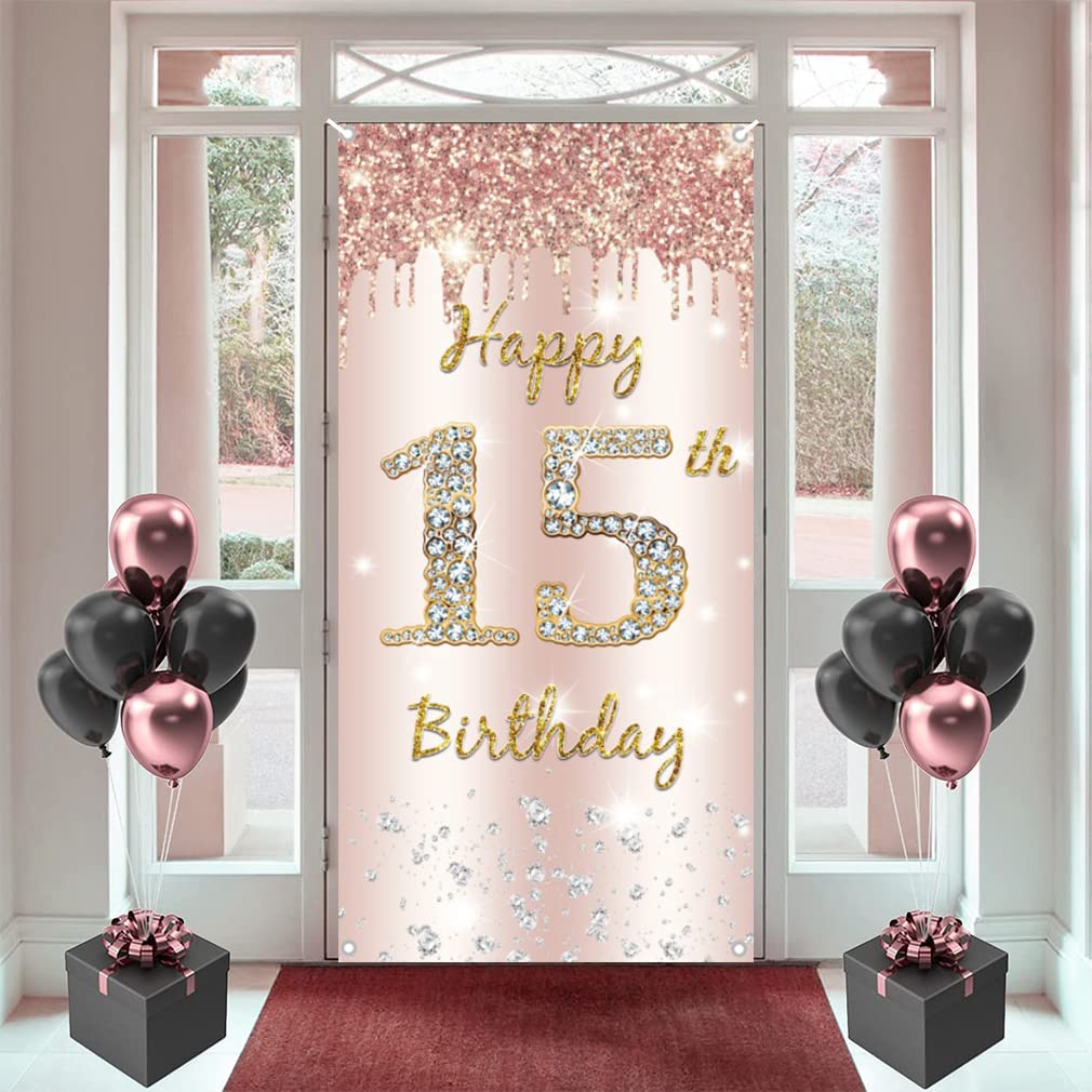 15th Birthday Decorations for Girl, Happy 15th Birthday Backdrop Banner Rosegold Fabric Sign Poster Door Banner Party Welcome Sign