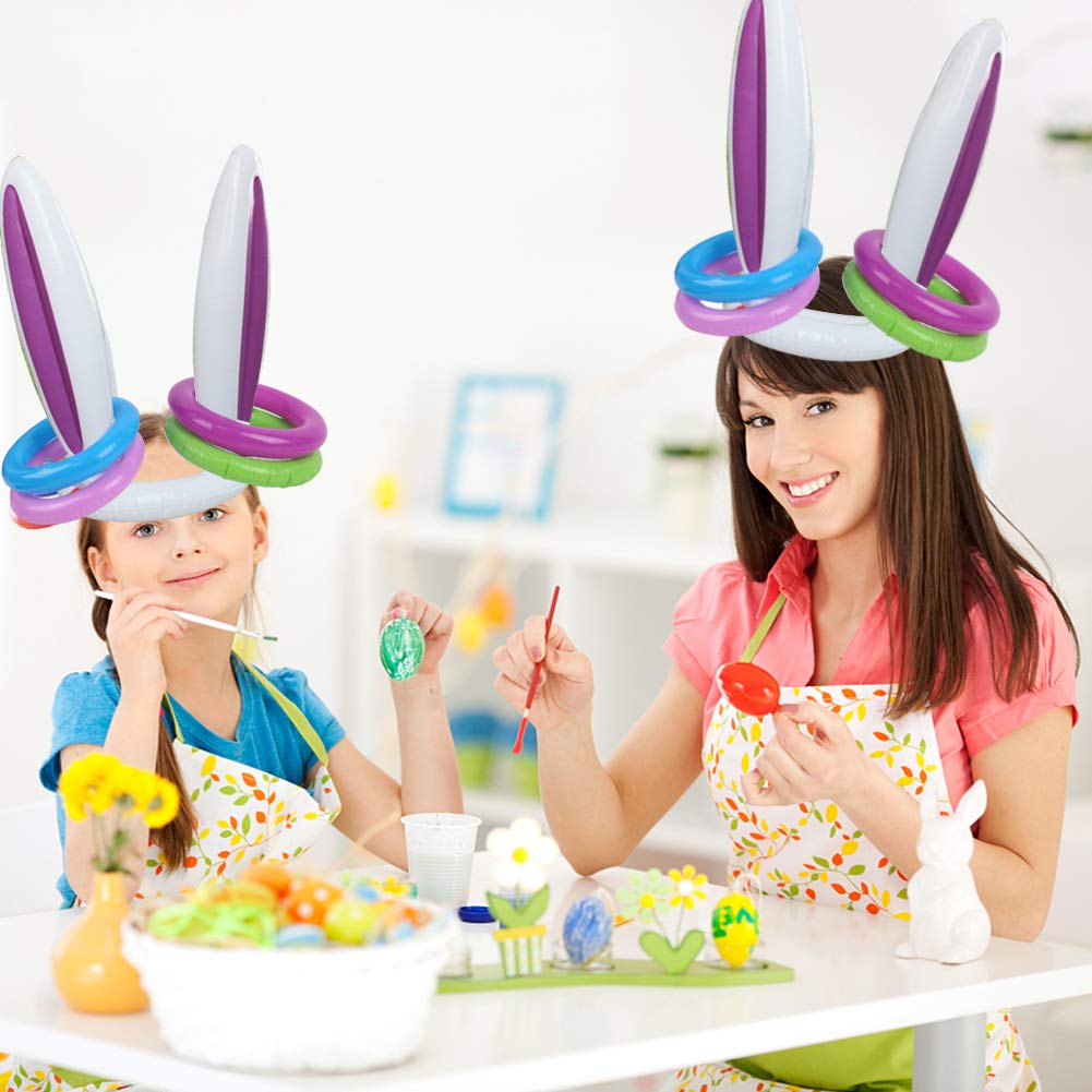 FUTUREPLUSX Inflatable Bunny Ears, 2PCS Inflatable Bunny Ears Headband with 10PCS Inflatable Tossing Rings Ring Toss Game Holiday Party Decoration Easter Gifts