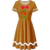 Deerose Christmas Short Sleeve Dresses Women Xmas Elastic Waist Midi Dresses Casual Tunic Dress