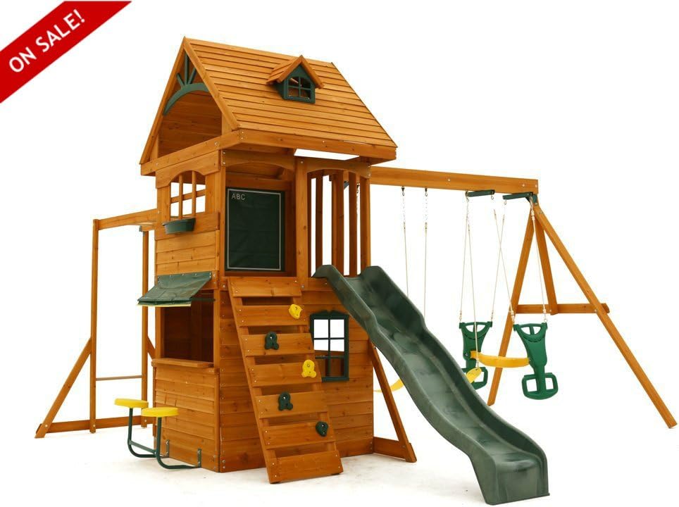 Skroutz Swing Set with Club House Wooden Kids Outdoor Playcenter Children Backyard Furniture Girls Boys Garden Fun Games Secure Construction for Physical Activity and Exercise