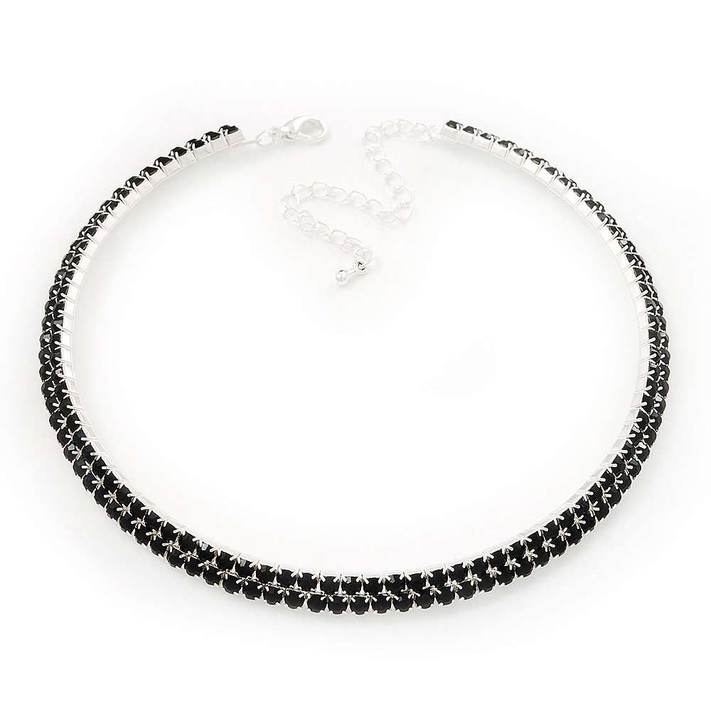 Avalaya Two Row Black Crystal Choker Necklace/Silver Tone/ 33cm L/ 9cm Ext