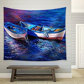 Original Oil Painting of Boats and Sea on Canvas. Sunset Over Ocean.Modern Impressionism - Fabric Wall Tapestry Home Decor - 51x60 inches
