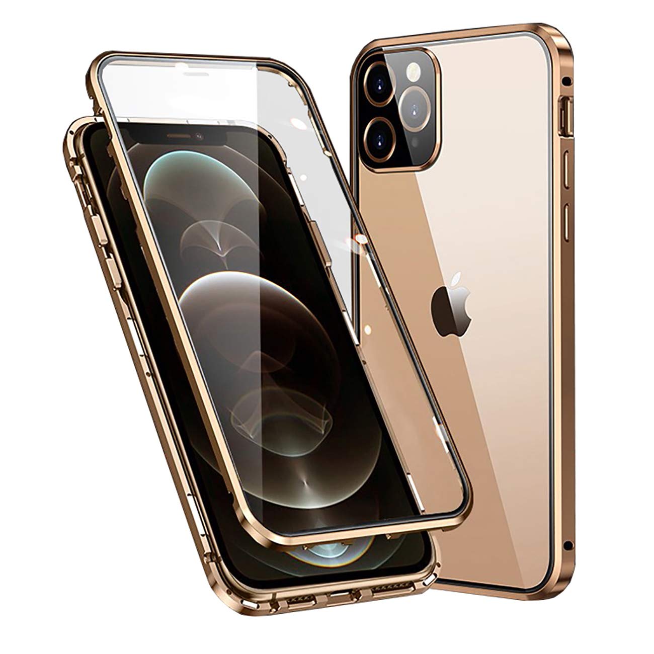 MOSSTAR Case for Apple iPhone 12 Pro, Magnetic Adsorption Metal Bumper with Front and Back Transparent Tempered Glass Flip Cover 360 Degree Full Body Protective Case for iPhone 12 Pro 6.1", Gold