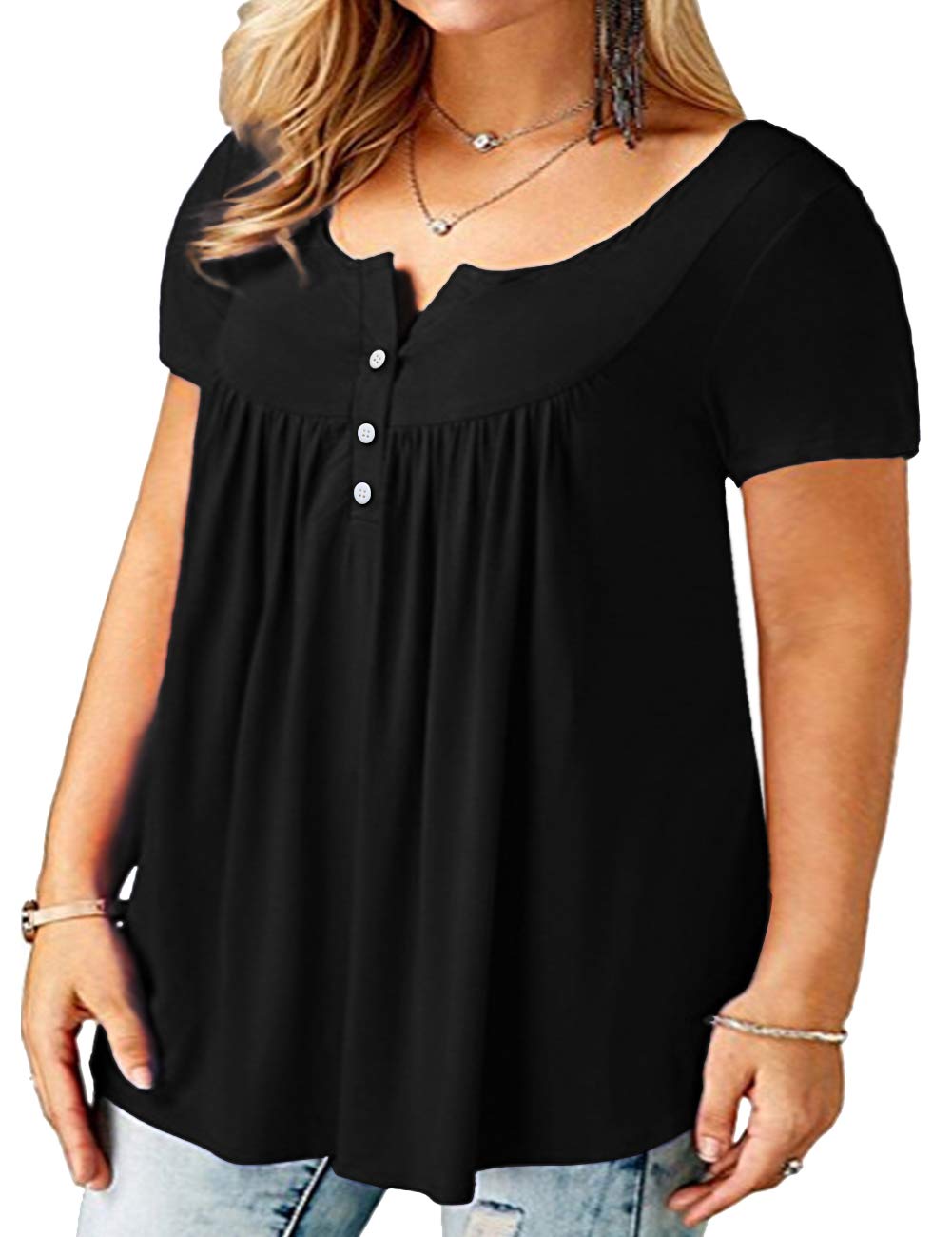 DIOLOCA Women's Tops Plus Size Short Sleeve Summer Tunics Button Up Swing Henley Ruffle Shirts Black 3X