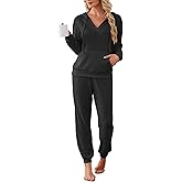 Famulily 2 Pieces Ribbed Knit Outfits Drawstring Hoodies Jogger Pants Matching Pajama Sets with Pockets