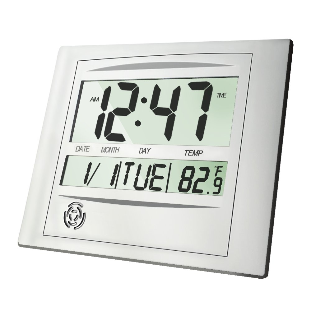 Digital Wall Clock, HeQiao Decorative 12 Inch Desk Shelf Clocks Silent Battery Operated Large LCD Display Temperature Calendar Day Snooze Alarm Clock for Home Office (Luxury Silver)