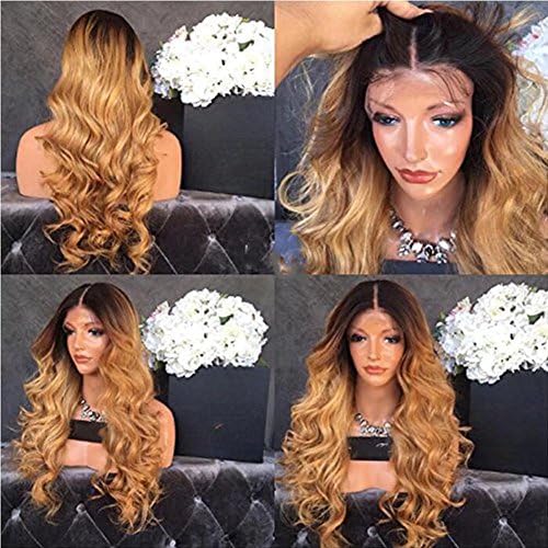 Trebeller Wavy Human Hair Ombre Wig for Women Black Roots 1B/27 Body Wave Blonde Lace Front Wig Glueless Brazilian Virgin Hair with Baby Hair Two Tone Color 16Inch