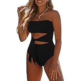 Viottiset Women's Bandeau One Piece Swimsuit Strapless Tie High Cut Out Bathing Suit