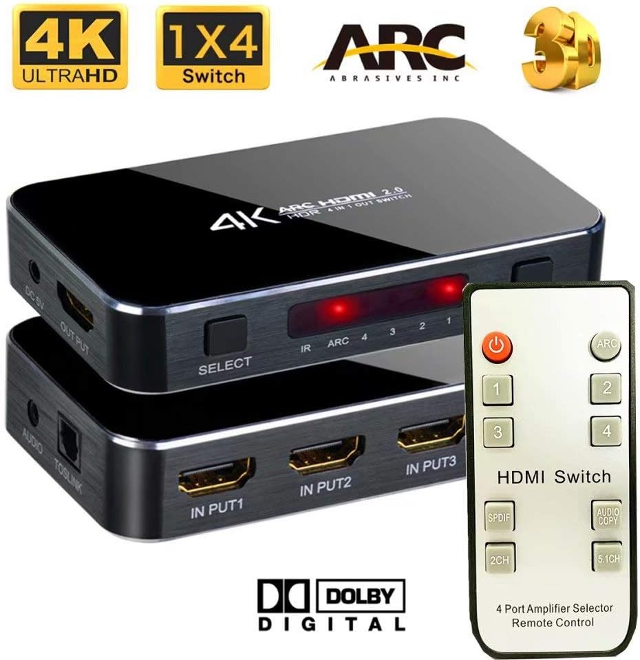 EkoBuy 4 Port 4K HDR HDMI Switch (UPGRADED) with Remote Control and Optical, Switcher 4 Port, 3D 4K Support, MTL Support, 5.1 Audio Support HDMI v2.0 for HDTV, PS3, PS4, Xbox One, 360, Bluray Player