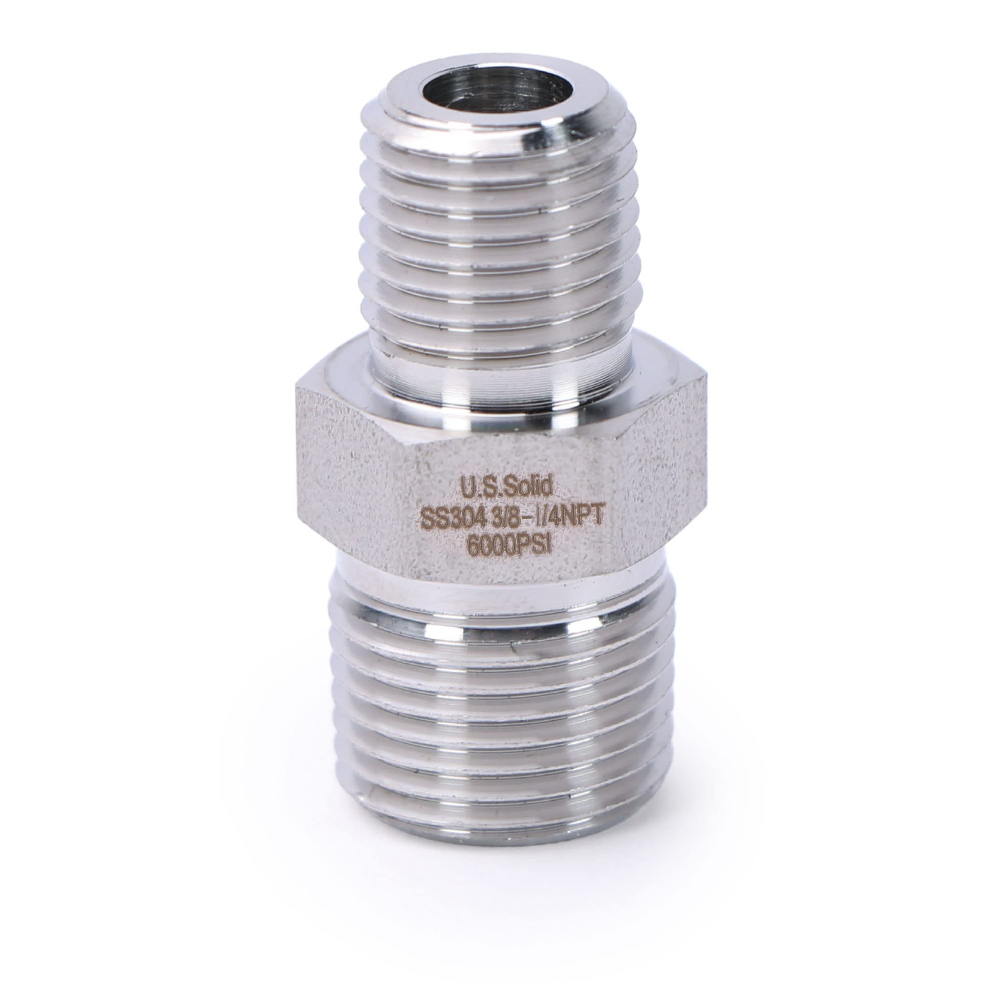 Photo 1 of U.S. Solid 304 Stainless Steel Hex Nipple, 6000 psi High Pressure Heavy Duty Pipe Fitting (1 pc), 3/8" x 1/4" NPT Male