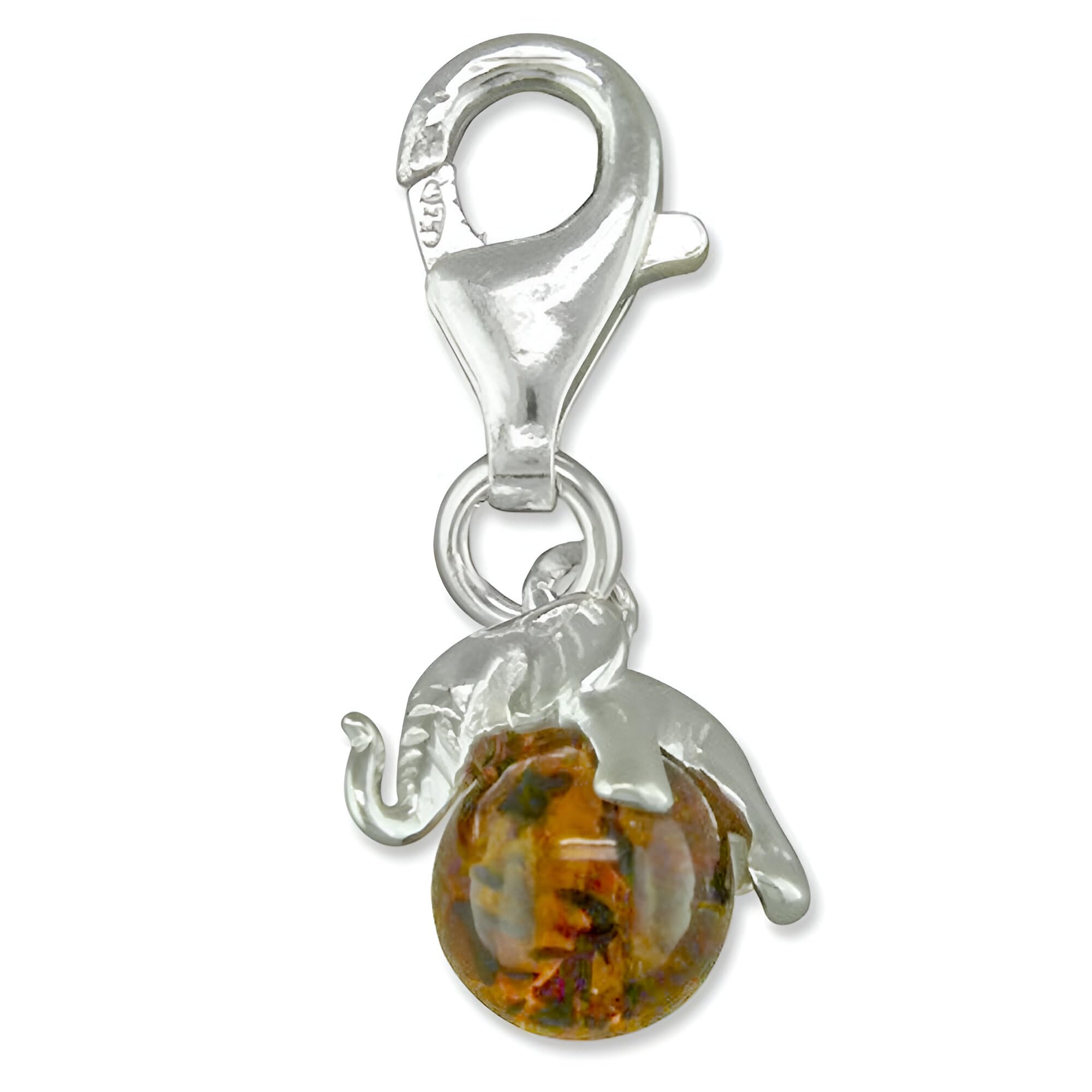 Lucky Elephant & Honey Amber Orb Sterling Silver Clip On Charm Pendant with Lobster Clasp for Women - Compatible with Thomas Sabo Charms Bracelet - Women's Clasp Charms