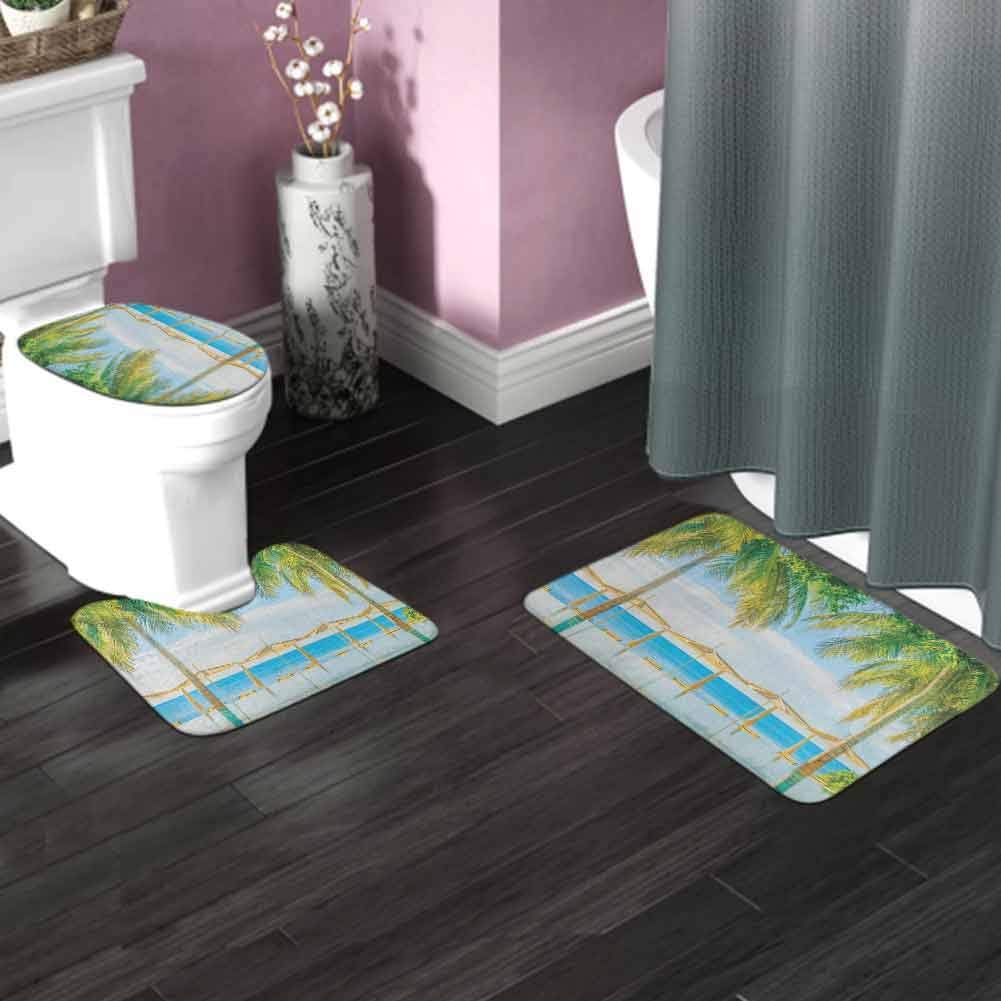 Landscape 3Piece NonSlip Bath Mat Rug Set Exotic Beach with Pool