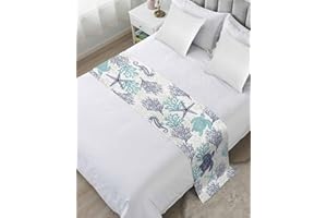 HOMECHOID Teal Blue Coastal Bed Runner for Full/Queen Size Bed, Bedspread Protector Slipcover Bed Scarf for Foot Bed Runners & Scarves for Bedroom Hotel Wedding Room 83x20 Sea Turtle Nautical Coral Summer Beach
