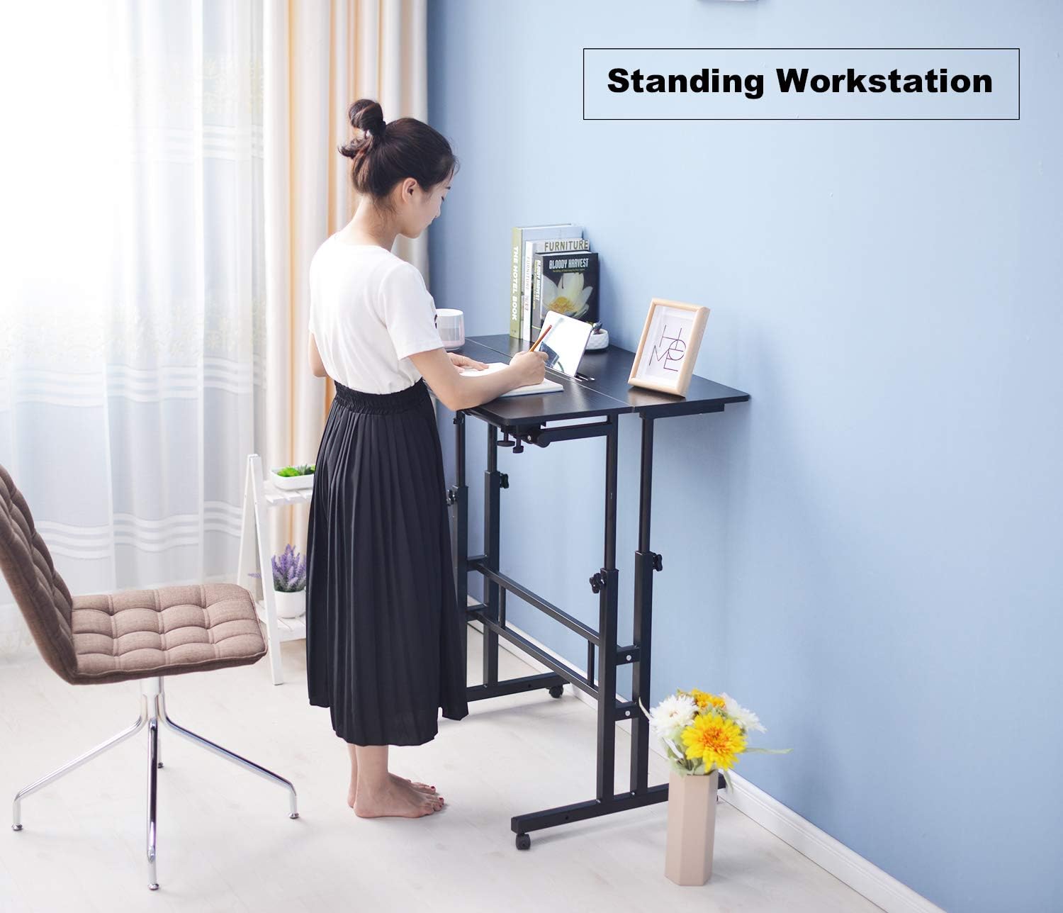 SIDUCAL Mobile Stand Up Desk, Adjustable Laptop Desk with Wheels Home Office Workstation, Rolling Table Laptop Cart for Standing or Sitting, Black: Kitchen & Dining