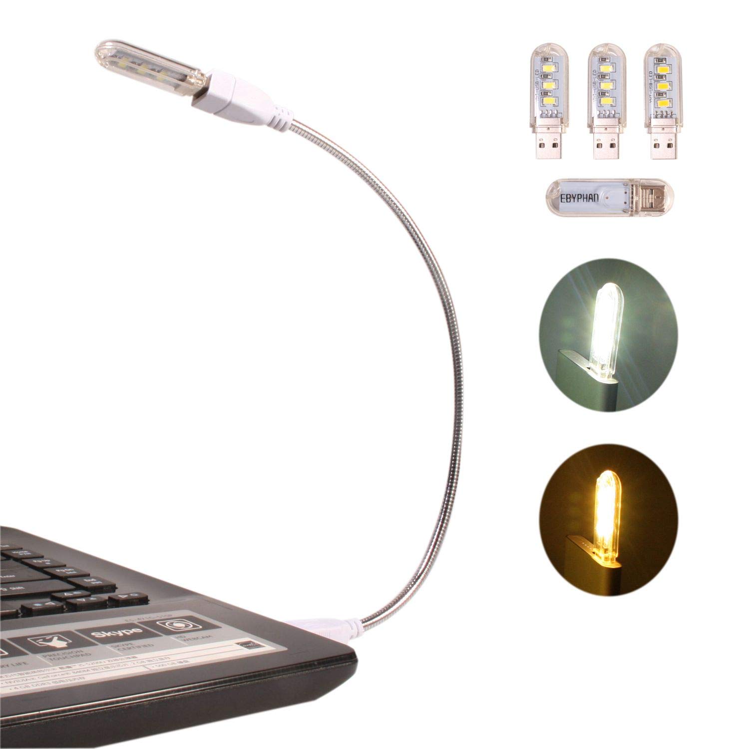 EBYPHAN USB Light Pack - Laptop & Notebook Keyboard Light, Flexible Gooseneck Tube + 4 PCS USB LED Lights (2 White + 2 Yellow)